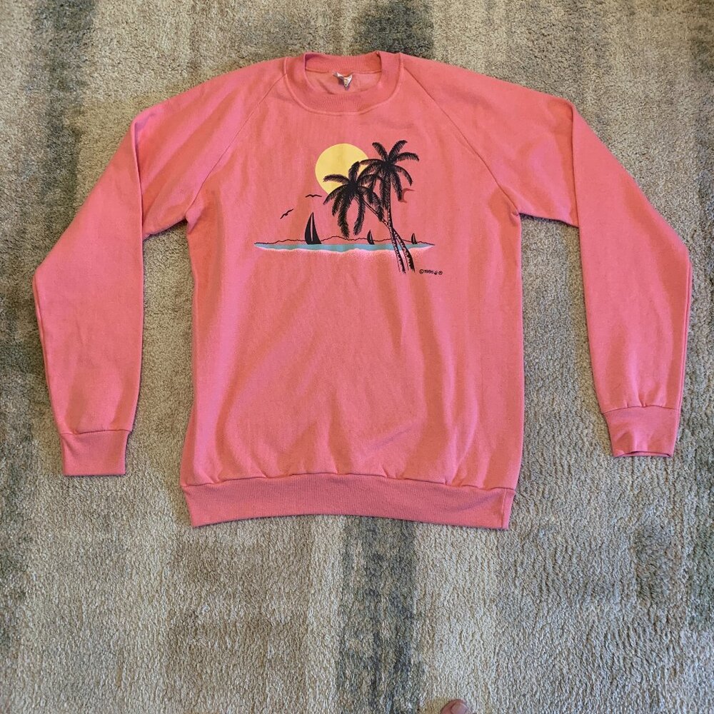Vintage 1986 Cal Cru Women’s Pink Sunset, Plam Trees and Sailboat Sweatshirt M